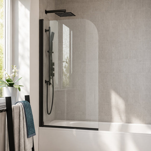Matt black curved bath screen with bowed glass panel on an alcove bath — Bathroom Republic UK