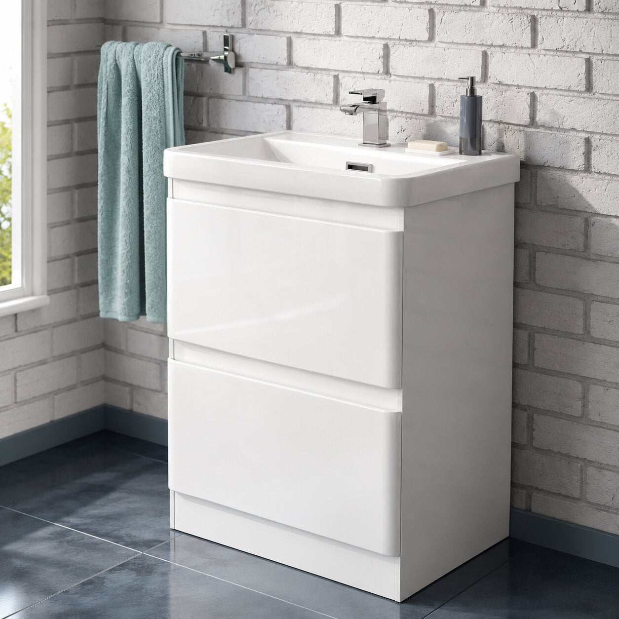White freestanding bathroom vanity unit with integrated basin and chrome tap — Bathroom Republic UK