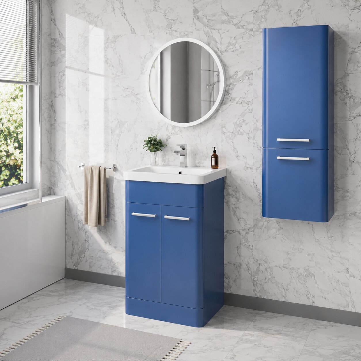 White Hung Bathroom Vanity Unit, modern design with long chrome handle. 1 drawer Unit.