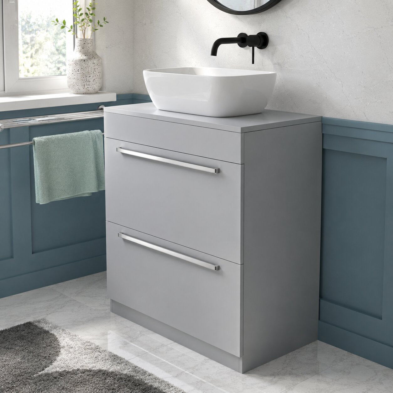 Matt grey countertop vanity unit with solid surface worktop and vessel basin — Bathroom Republic UK