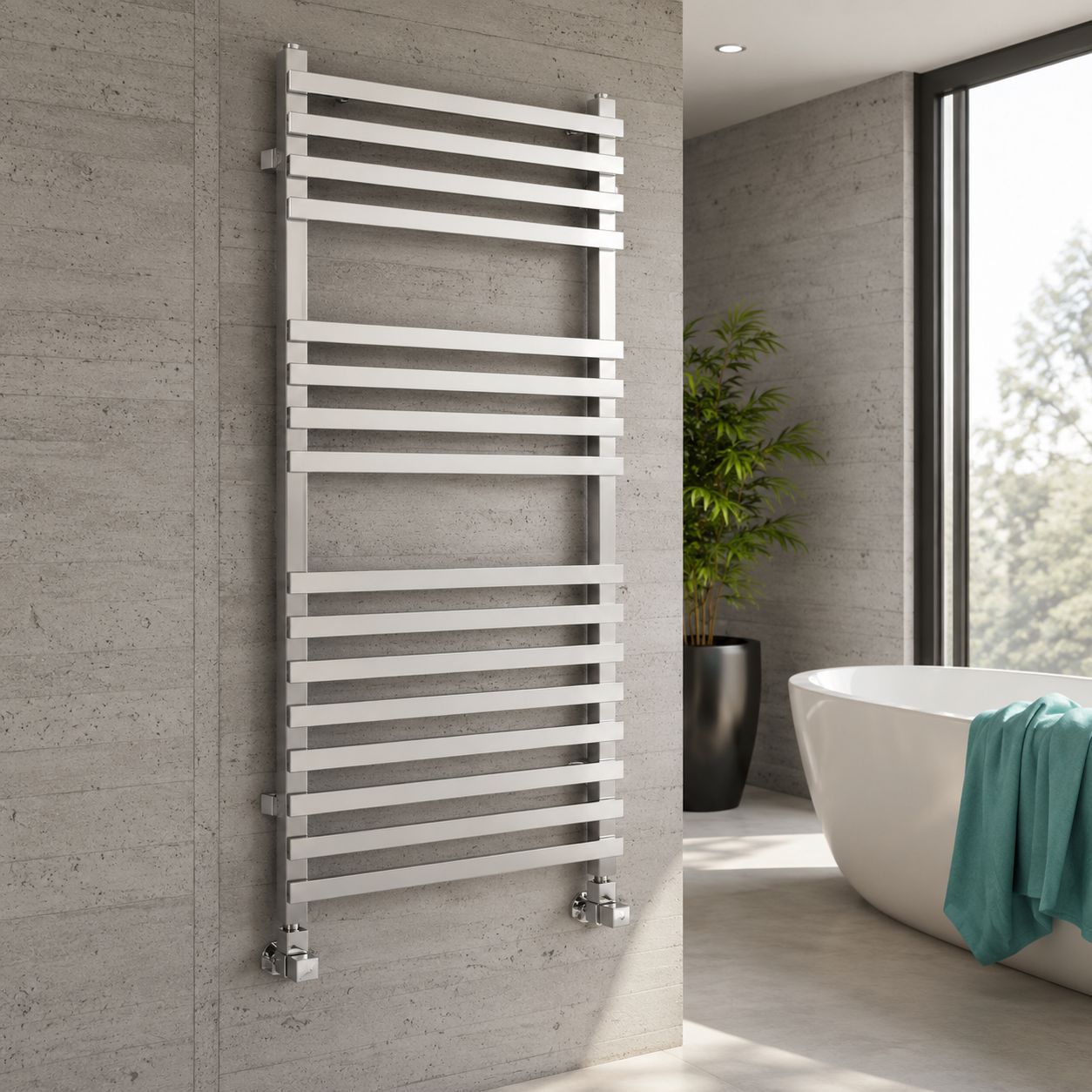 Chrome flat panel heated towel rail for bathrooms — Bathroom Republic UK