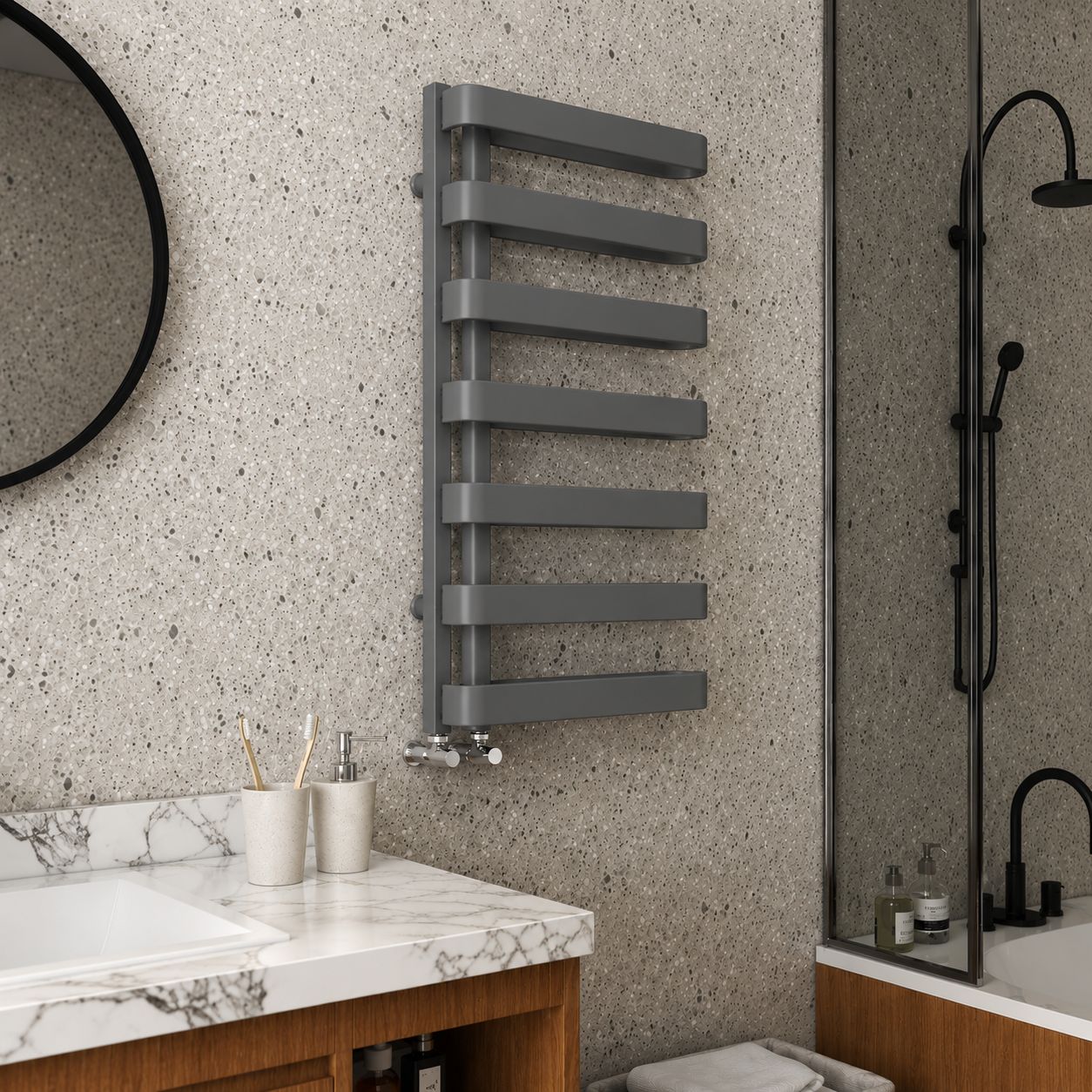Anthracite flat panel radiator in modern bathroom — Bathroom Republic UK