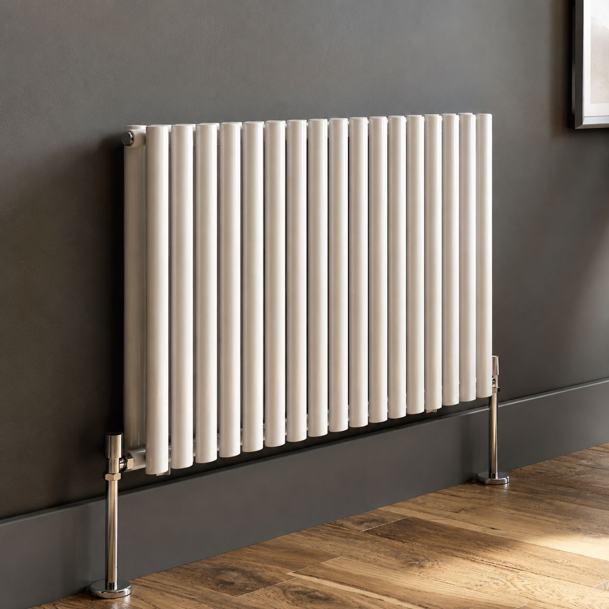White Honeywell vertical panel radiator in marble bathroom — Bathroom Republic UK