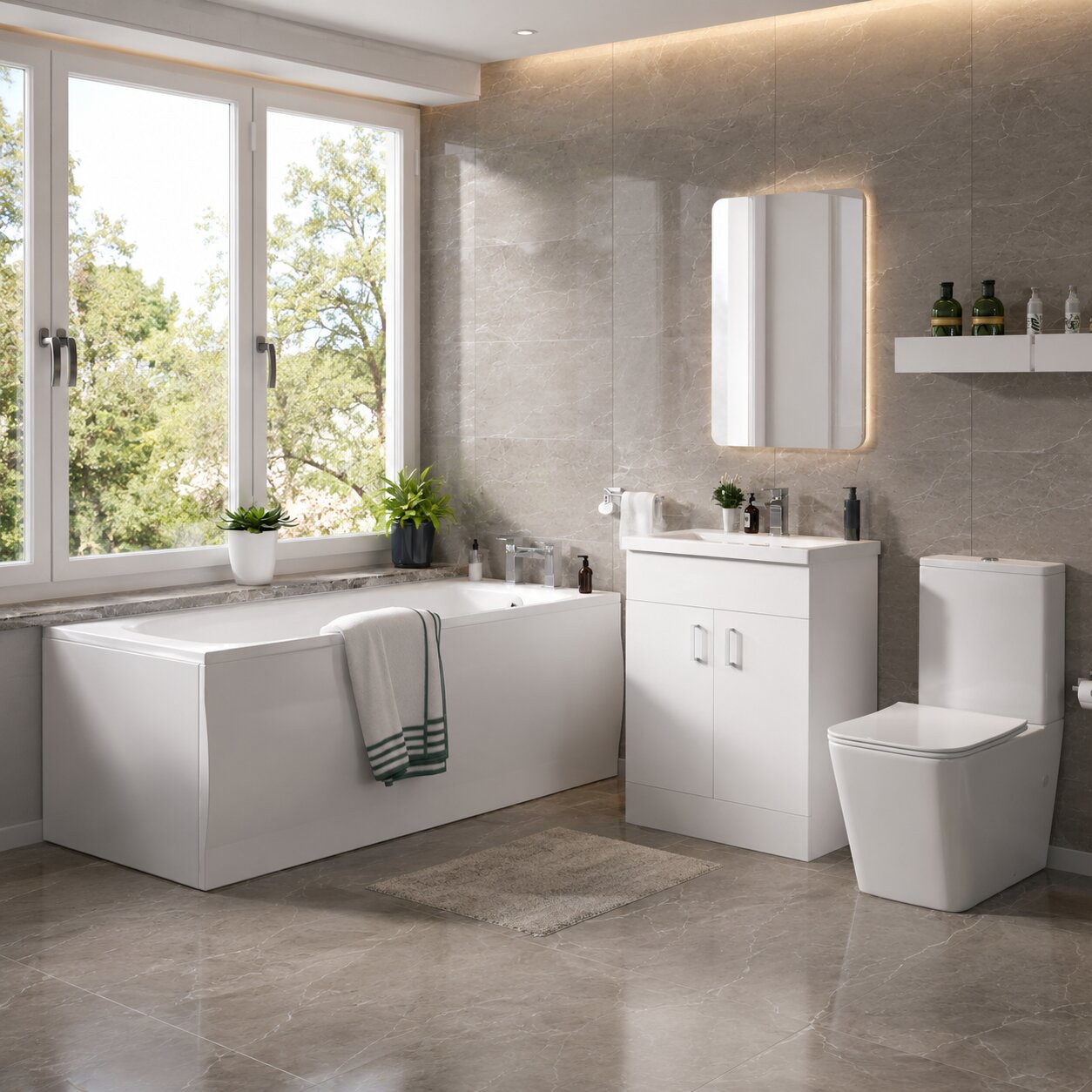 Complete bathroom suite with bath, toilet, vanity unit and shower screen in white — Bathroom Republic UK