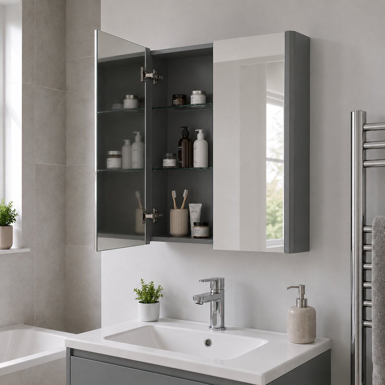 White single door mirror cabinet on a white tiled bathroom wall — Bathroom Republic UK