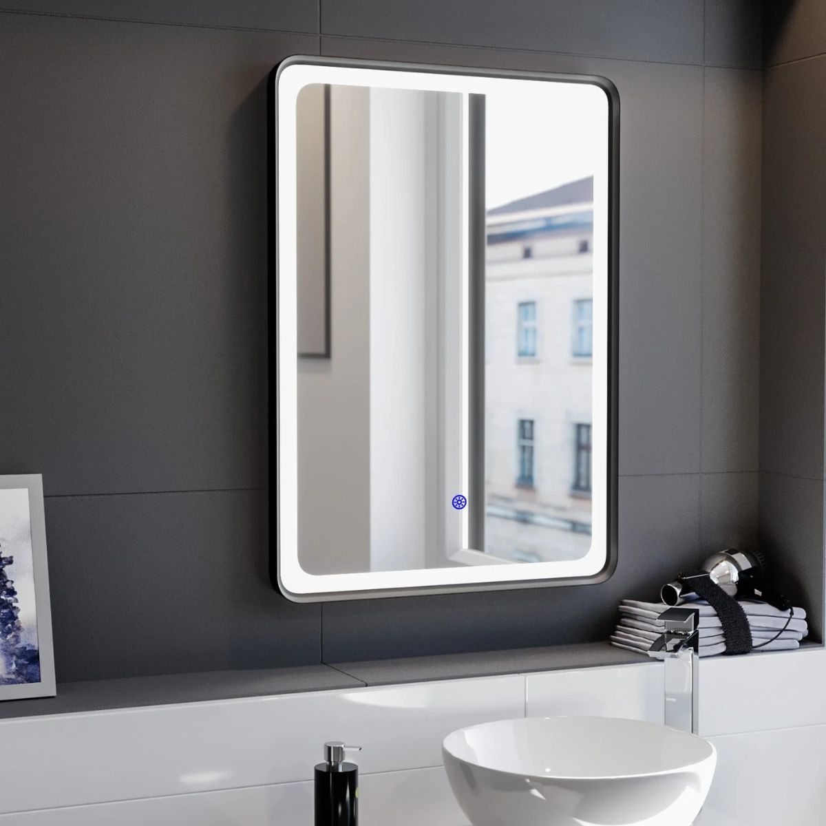 LED illuminated rectangular bathroom mirror on a white tiled wall — Bathroom Republic UK