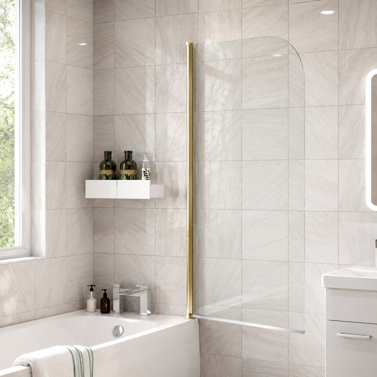 Single-panel hinged bath screen with chrome frame on a white alcove bath — Bathroom Republic UK
