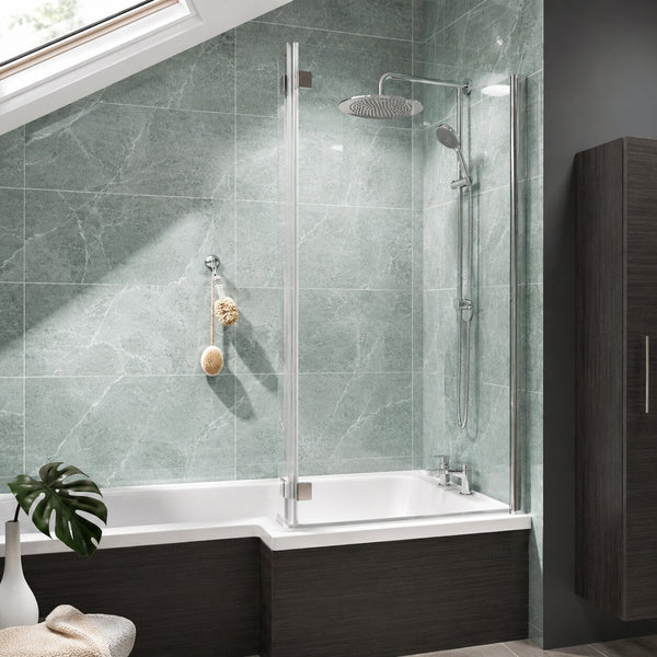 Chrome shower bath screen on the wider end of an L-shaped bath — Bathroom Republic UK
