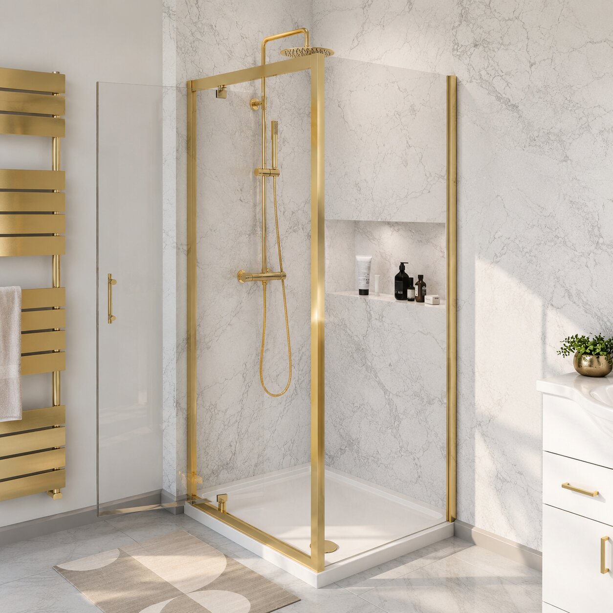 Chrome pivot door shower enclosure with wide single-panel outward-swinging door — Bathroom Republic UK