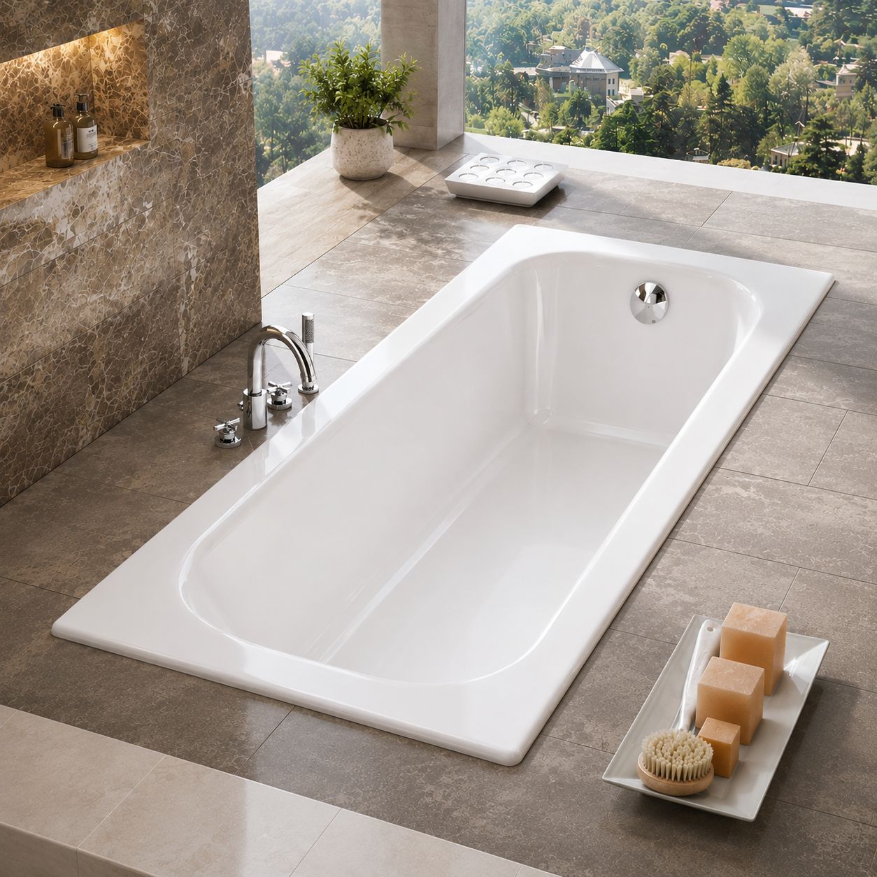 White enamelled steel single-ended bath with wide rim in a dark-tiled bathroom — Bathroom Republic UK