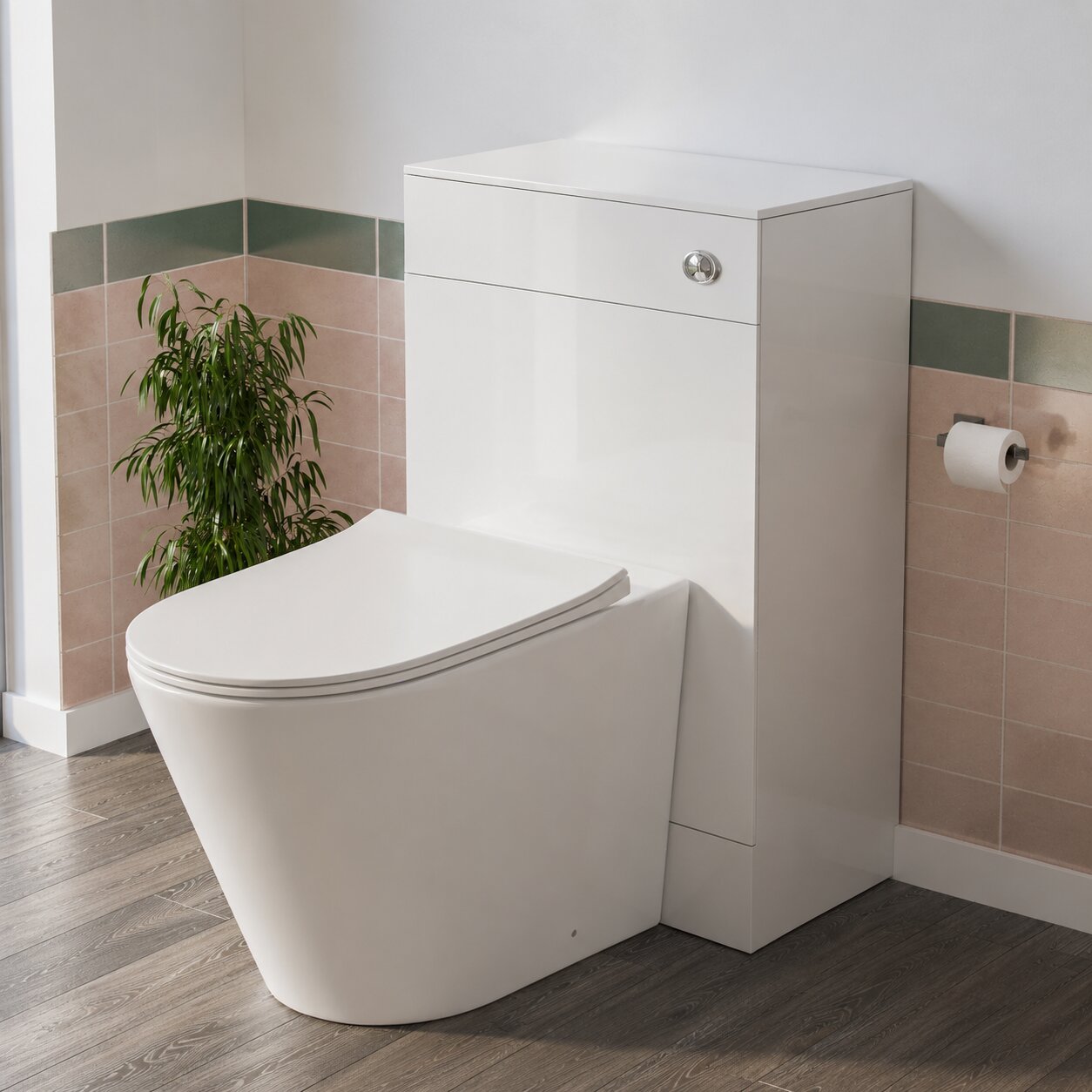 Grey WC unit and matching back to wall toilet pan set with concealed cistern and shelf storage — Bathroom Republic UK