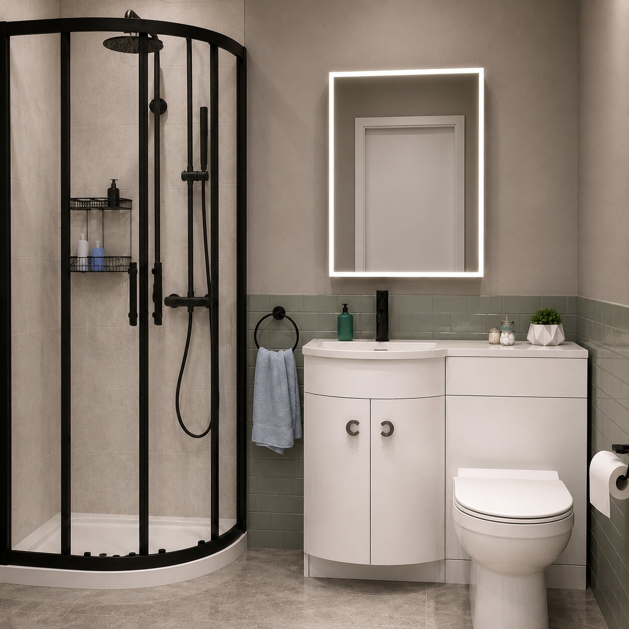 White vanity and WC combination furniture unit with black quadrant shower enclosure — Bathroom Republic UK