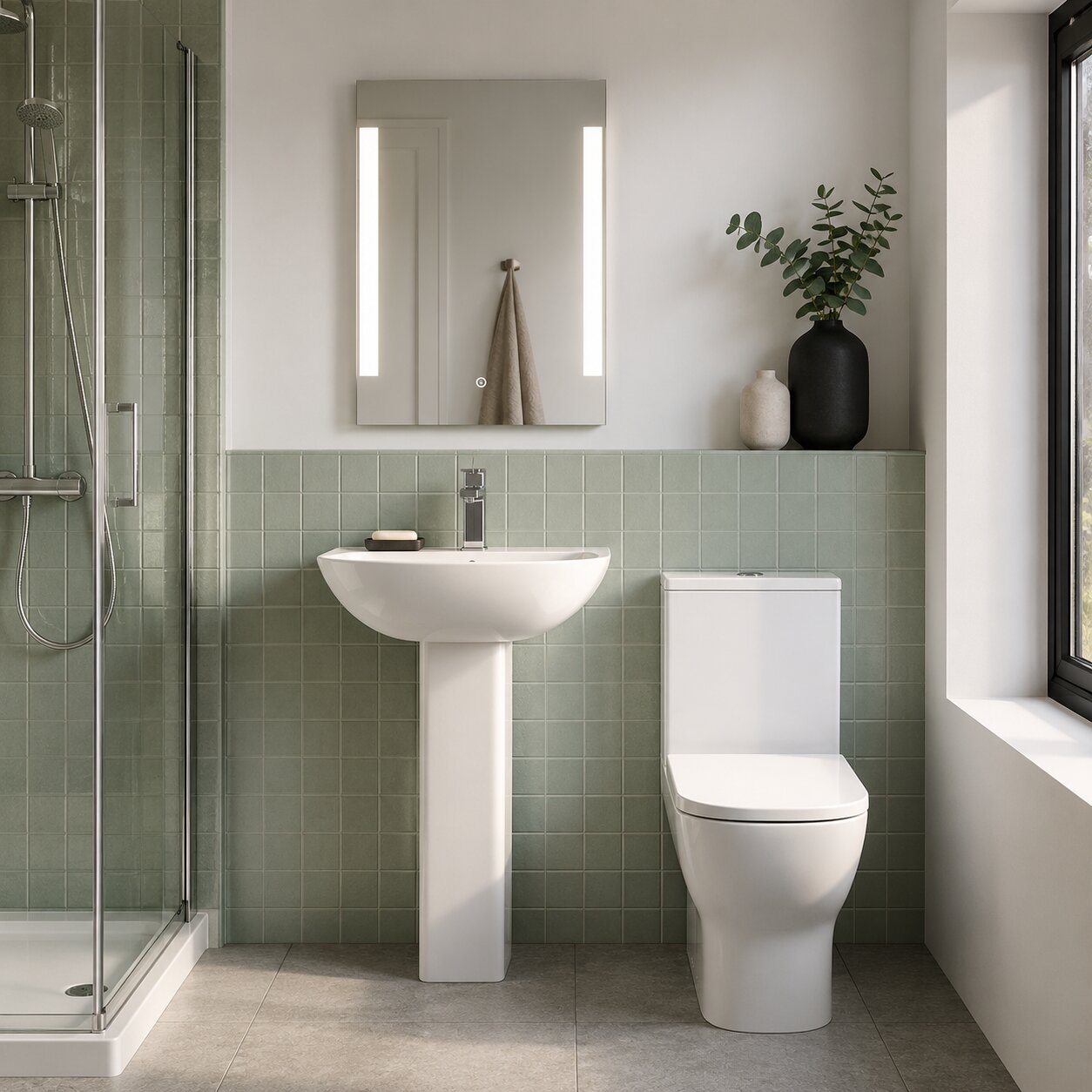 Modern bathroom featuring a white pedestal basin, close coupled toilet, illuminated LED mirror, green wall tiles, glass shower enclosure and chrome shower in a contemporary UK home.