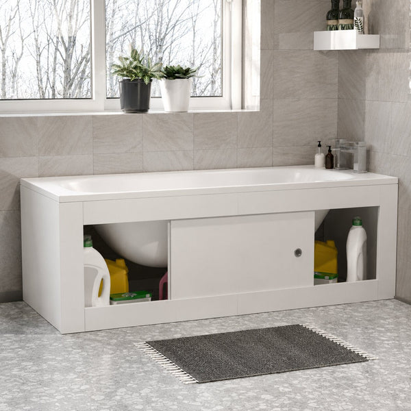 White PVC storage bath panel with sliding door on an alcove bath — Bathroom Republic UK