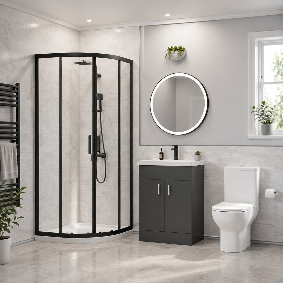 Shower enclosure suite with quadrant enclosure, matching toilet and vanity unit in white — Bathroom Republic UK