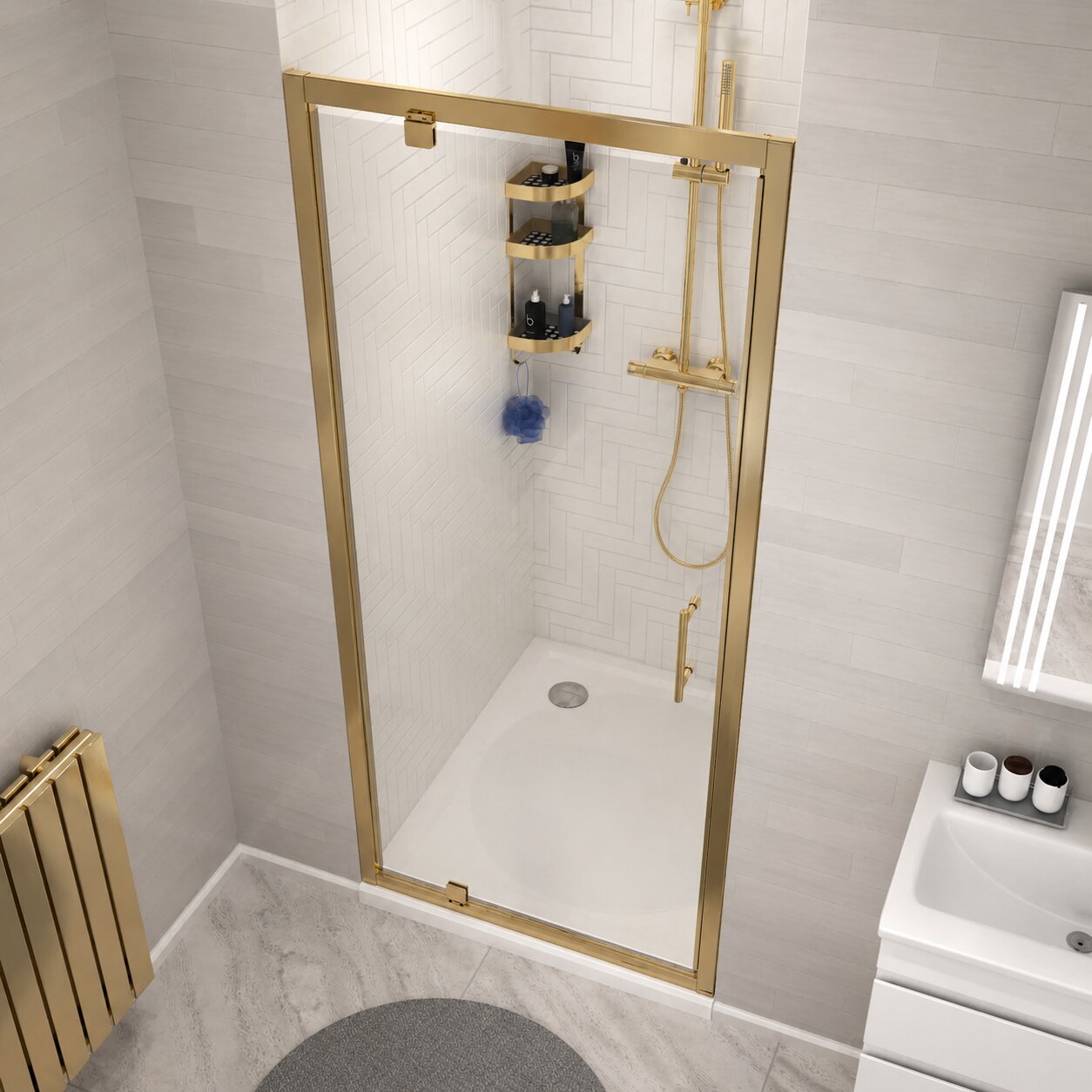 Chrome pivot shower door panel with side panel in alcove installation — Bathroom Republic UK
