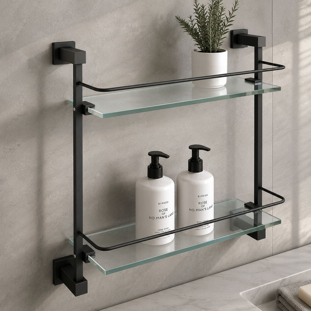 Clear glass bathroom wall shelf with chrome brackets — Bathroom Republic UK