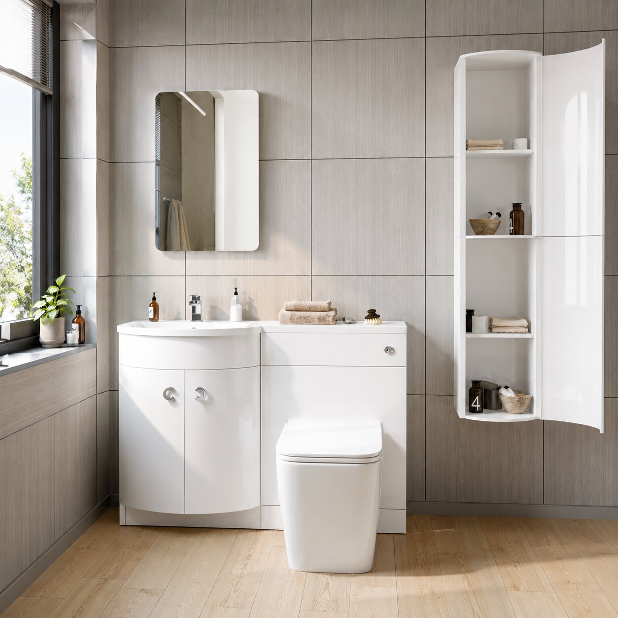 White bathroom furniture combination set with vanity unit and storage cabinet — Bathroom Republic UK