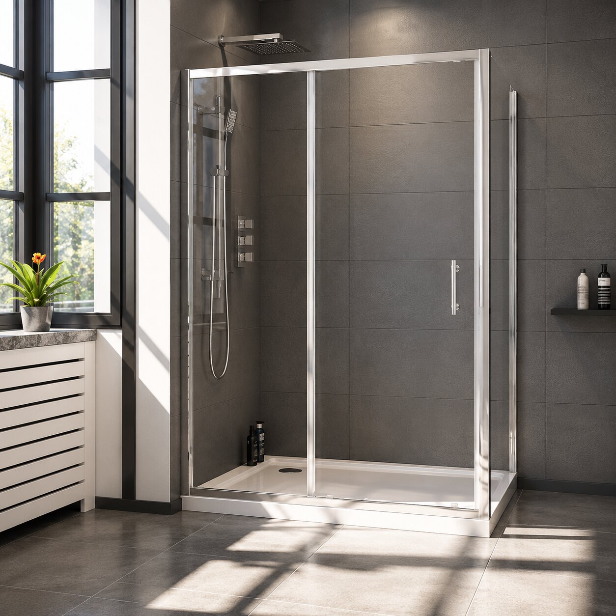 Matte black rectangular shower enclosure with sliding door and shower tray — Bathroom Republic UK