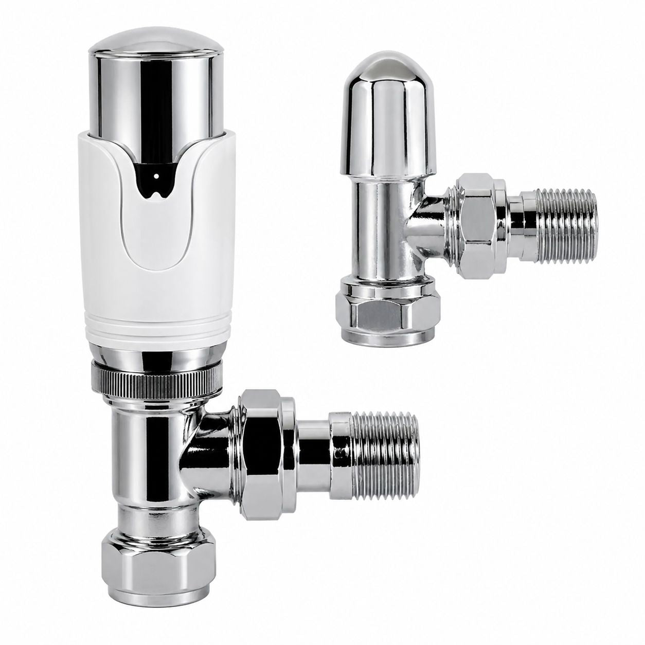 Chrome angled thermostatic radiator valve (TRV) set with lockshield — Bathroom Republic UK