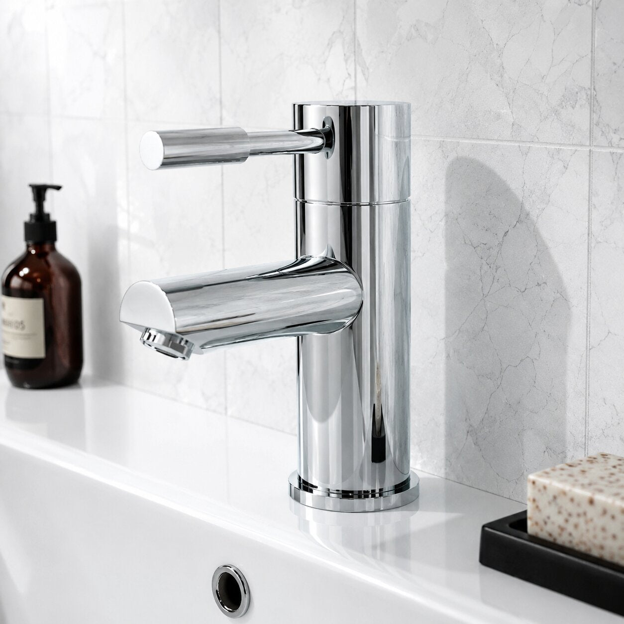 Chrome mono basin mixer tap on a white basin — Bathroom Republic UK