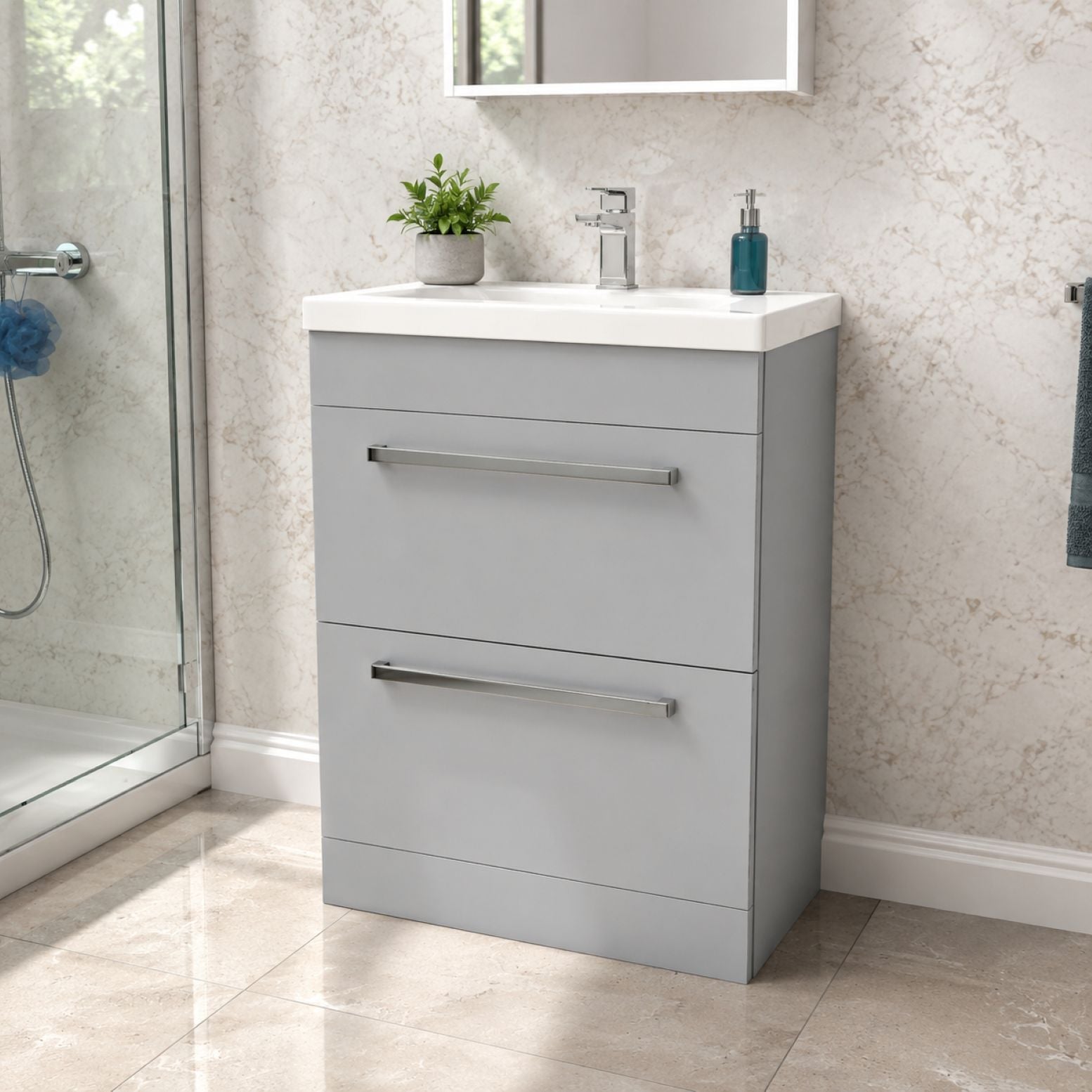 Light grey bathroom vanity unit with chrome bar handle and matching WC unit — Bathroom Republic UK