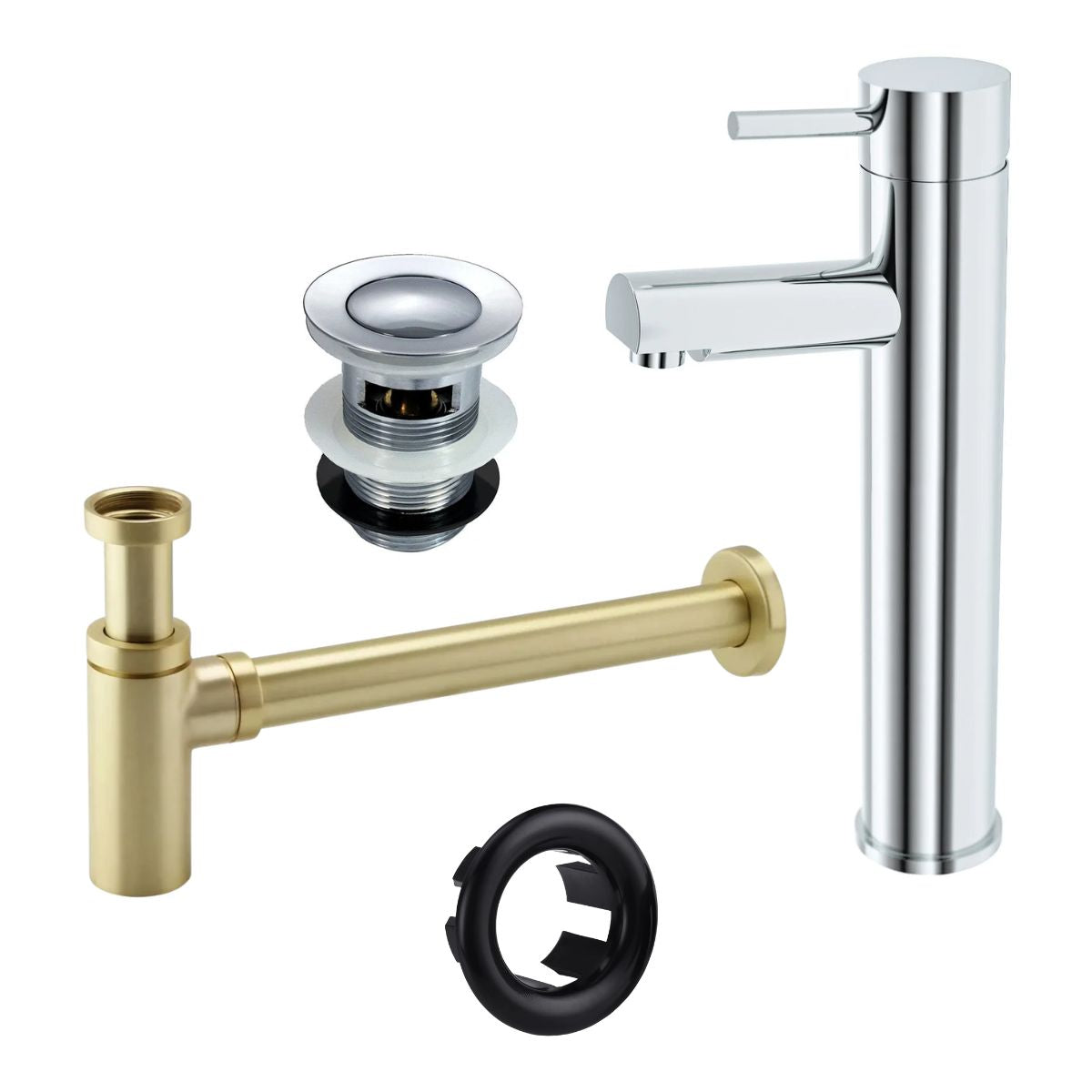 Chrome basin tap, matt black waste and bottle trap for bathroom basin installation — Bathroom Republic UK