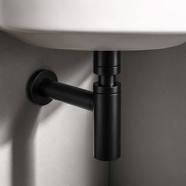 Matt black bottle trap for wall-mounted basin in bathroom — Bathroom Republic UK