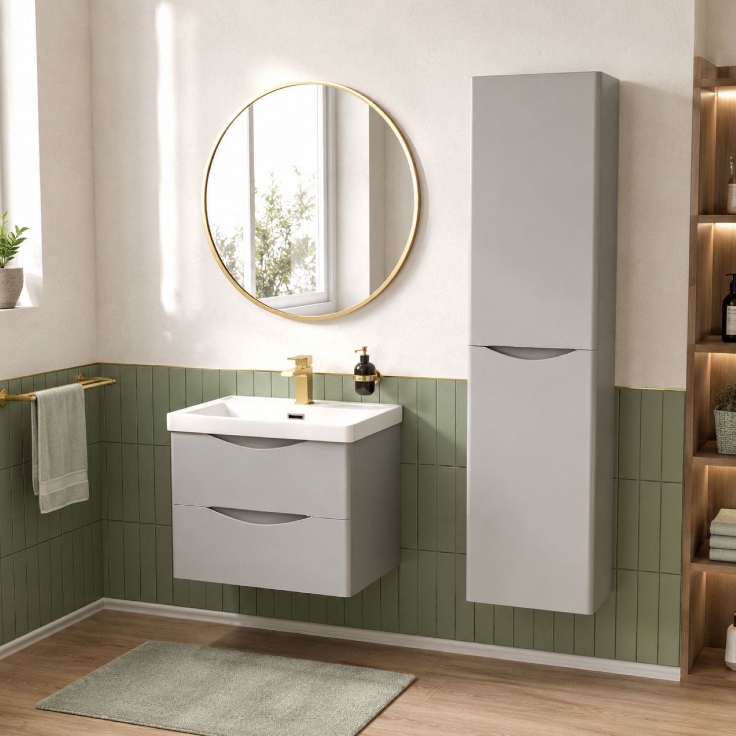 Grey bathroom vanity unit with chrome bar handle — Bathroom Republic UK