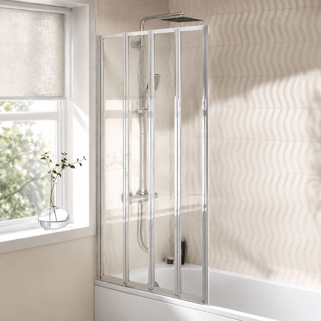 Bath taps, panels and shower screen accessories arranged in a UK bathroom — Bathroom Republic UK