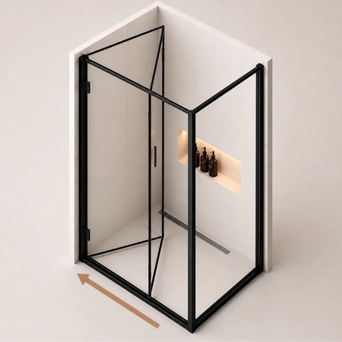 Matte black bi-fold door square shower enclosure in corner fit showing compact folding mechanism — Bathroom Republic UK