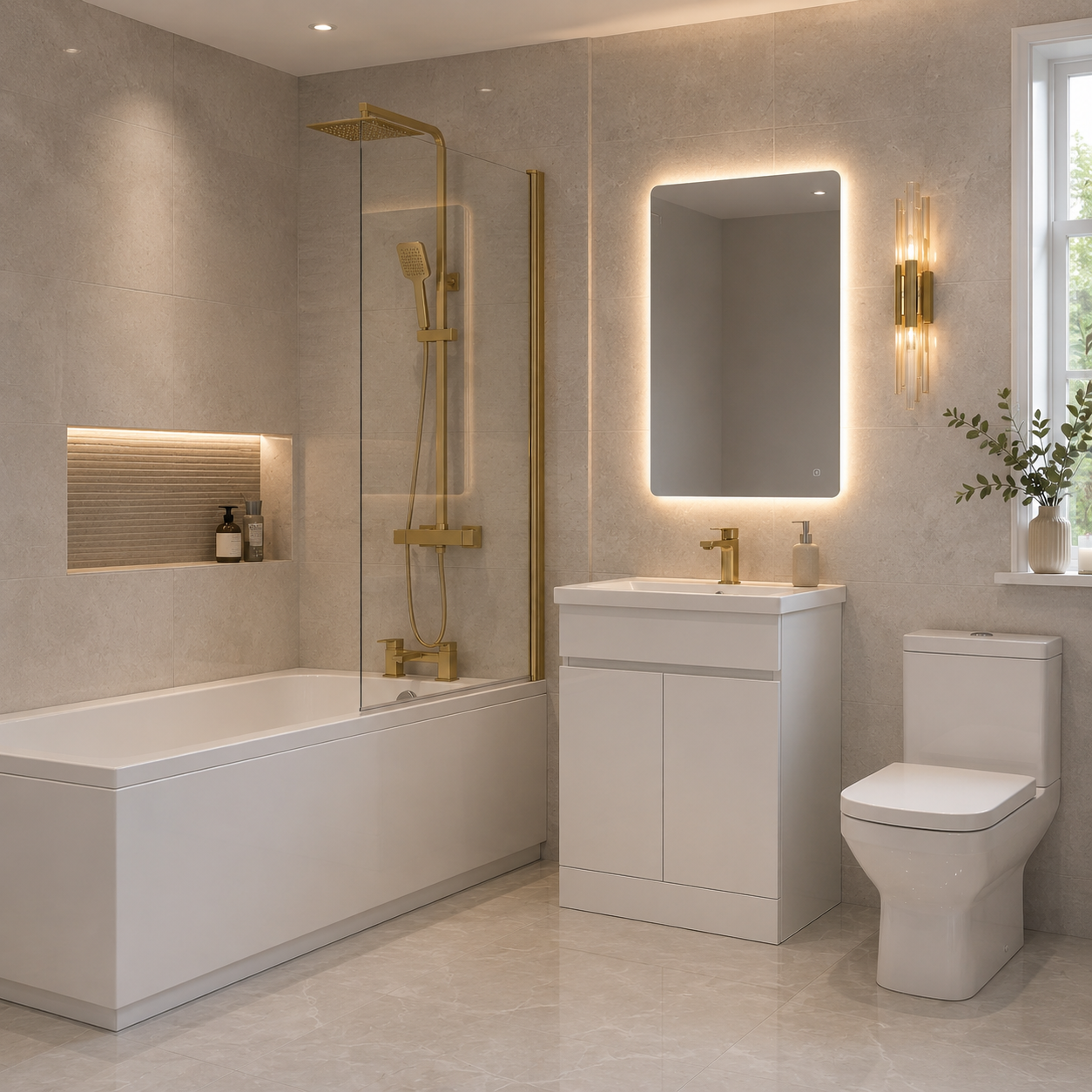Brushed brass complete bathroom suite with matching bath, toilet and vanity unit — Bathroom Republic UK