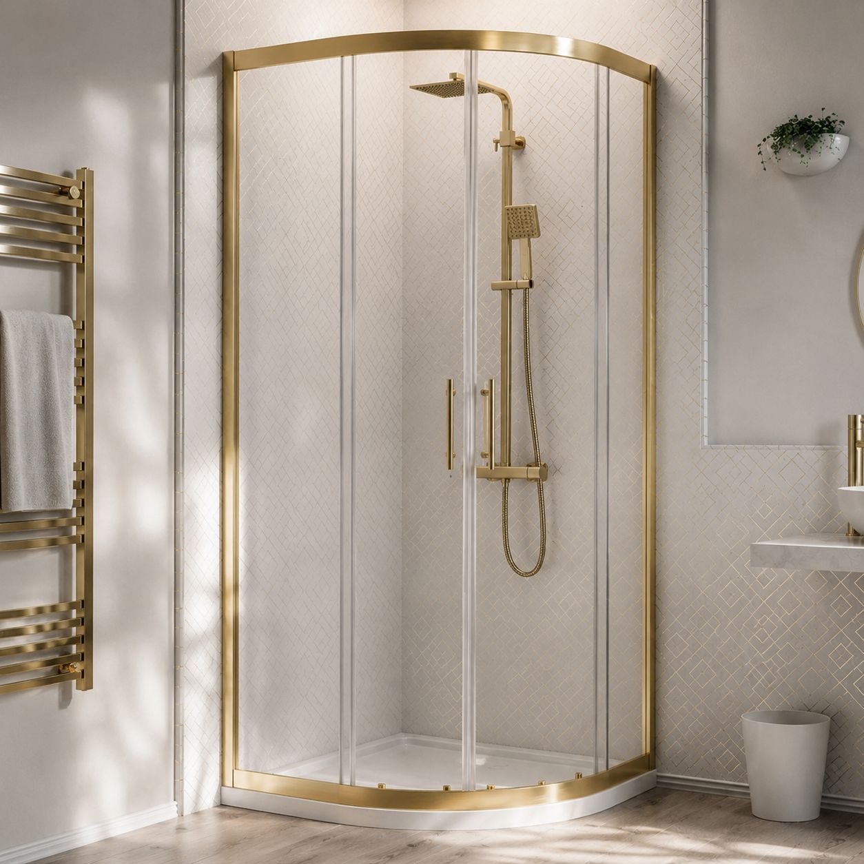 Brushed brass quadrant shower enclosure with warm satin gold frame in a light tiled bathroom — Bathroom Republic UK