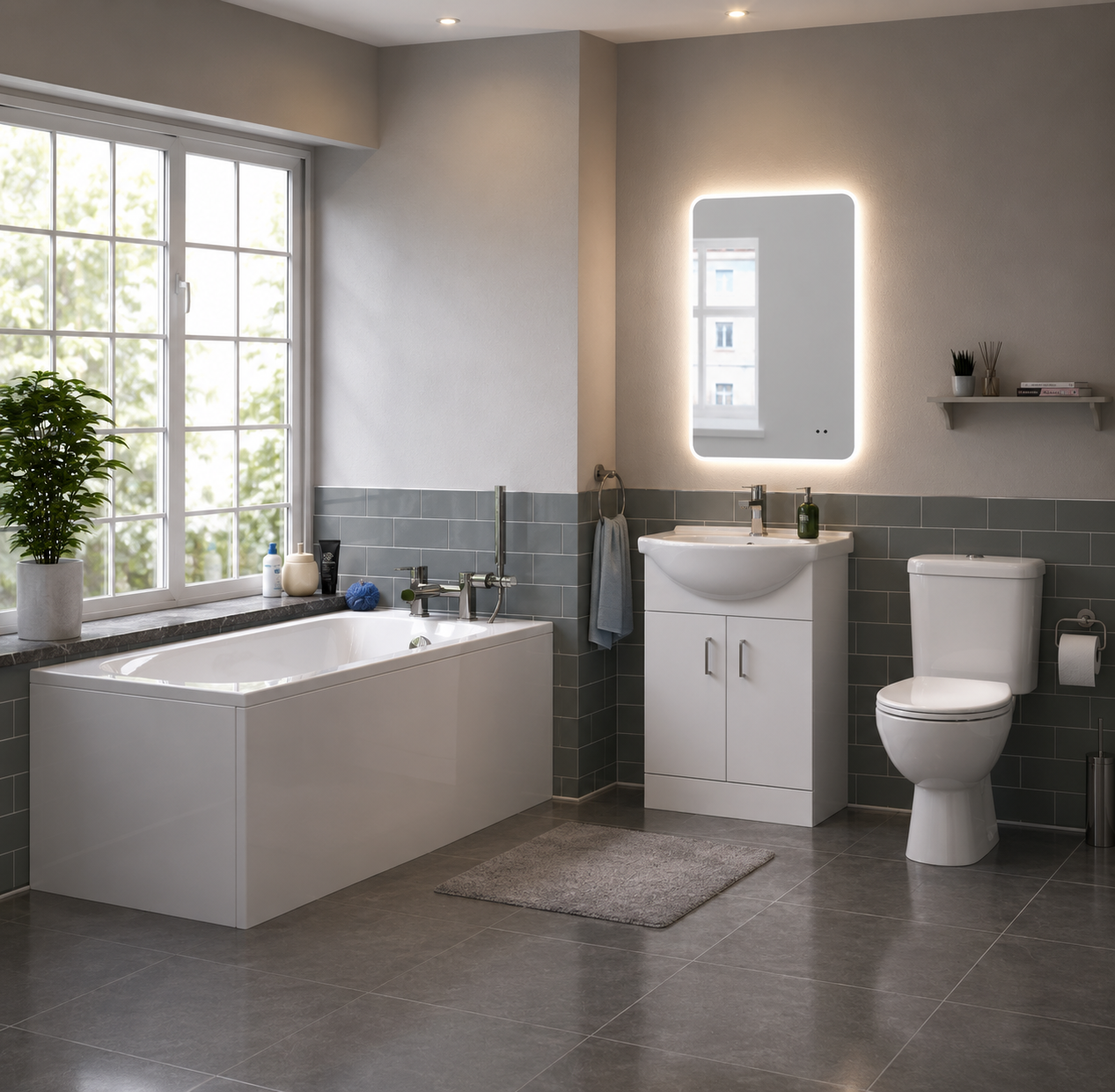 Chrome complete bathroom suite with matching bath, toilet and vanity unit — Bathroom Republic UK