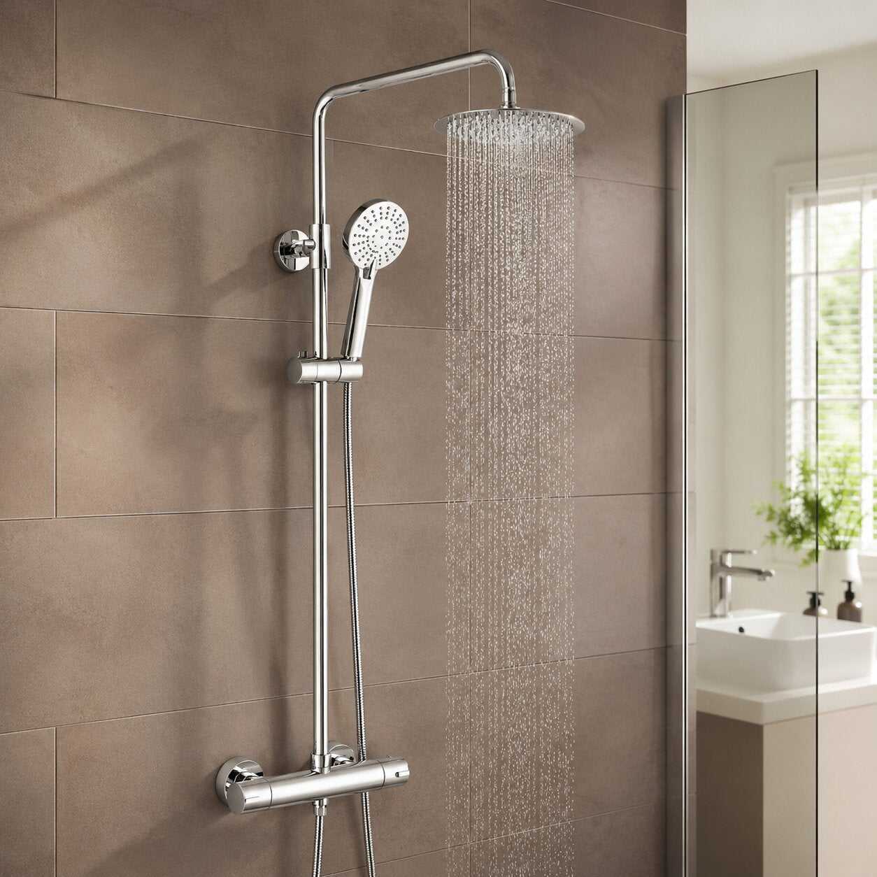 Modern chrome exposed thermostatic rainfall shower system with round overhead shower head, handheld shower, adjustable slider rail, thermostatic mixer valve and stone-effect wall tiles in a contemporary UK bathroom.