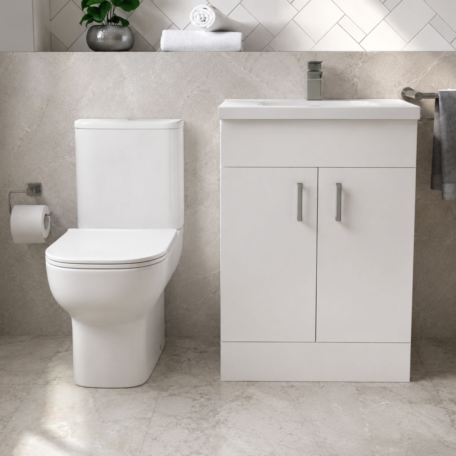 White close coupled toilet with matching vanity unit and cistern — Bathroom Republic UK