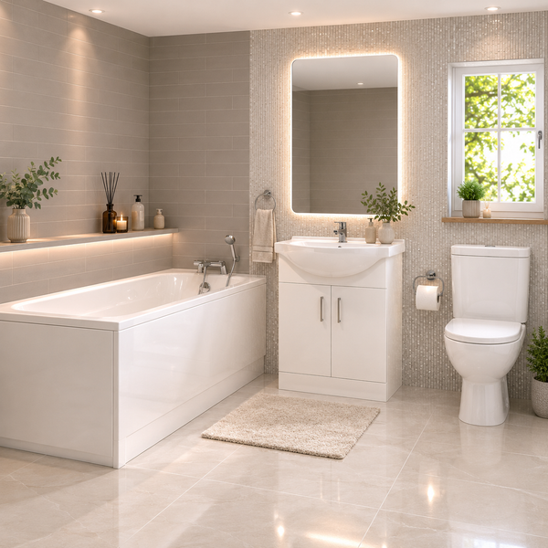 Complete bathroom suite in brushed brass finish with matching bath, toilet and vanity unit — Bathroom Republic UK