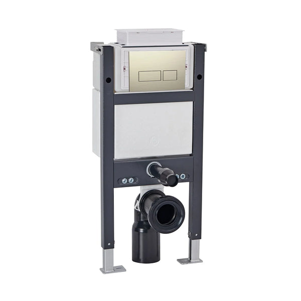 Steel wall-hung WC frame with concealed cistern unit and brushed brass flush plate — Bathroom Republic UK