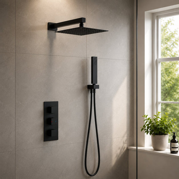 Modern matte black concealed thermostatic rainfall shower set with square overhead drencher, wall-mounted hand shower, concealed valve controls, glass shower enclosure and stone-effect wall tiles in a contemporary UK bathroom.