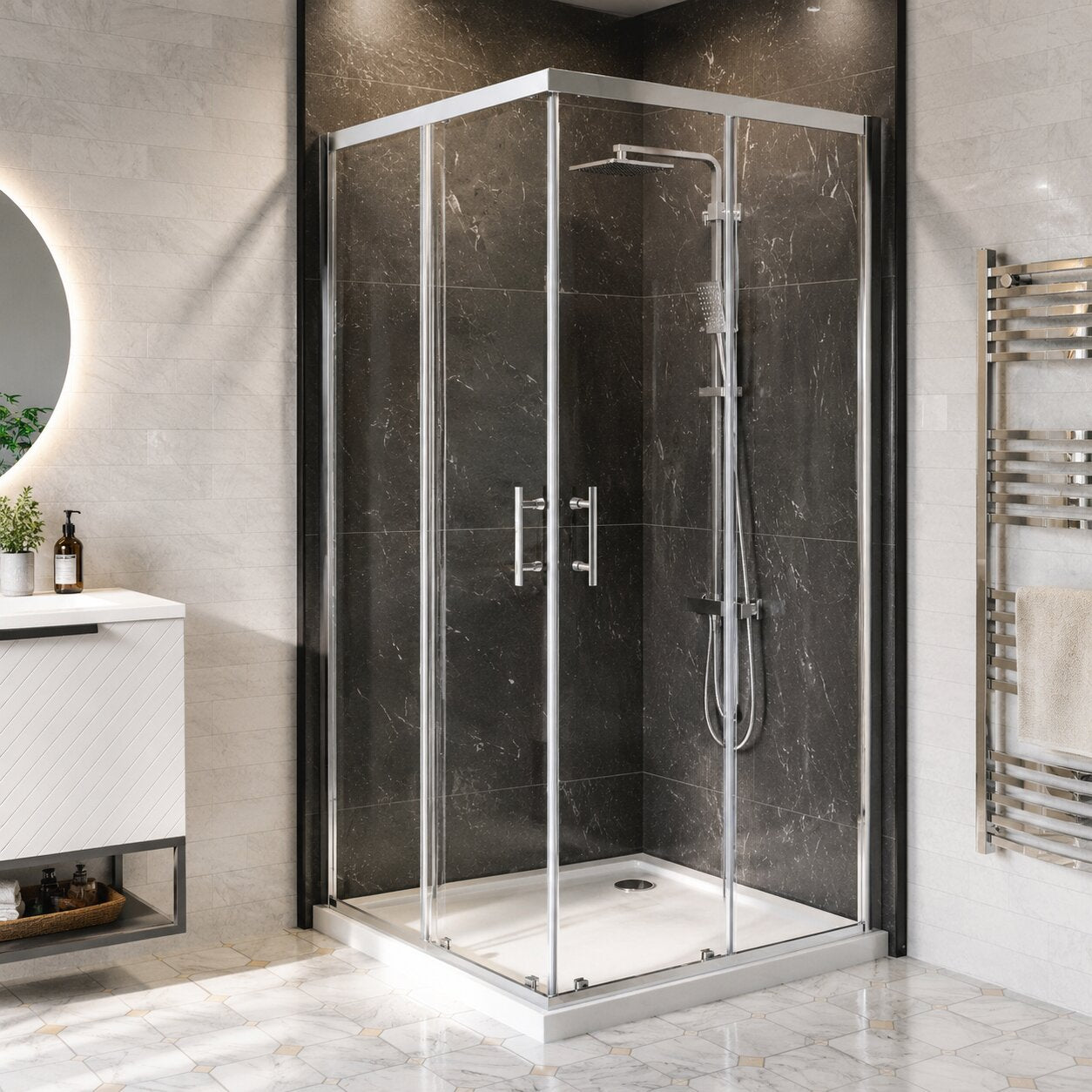 Chrome corner entry shower enclosure showing diagonal sliding door access — Bathroom Republic UK