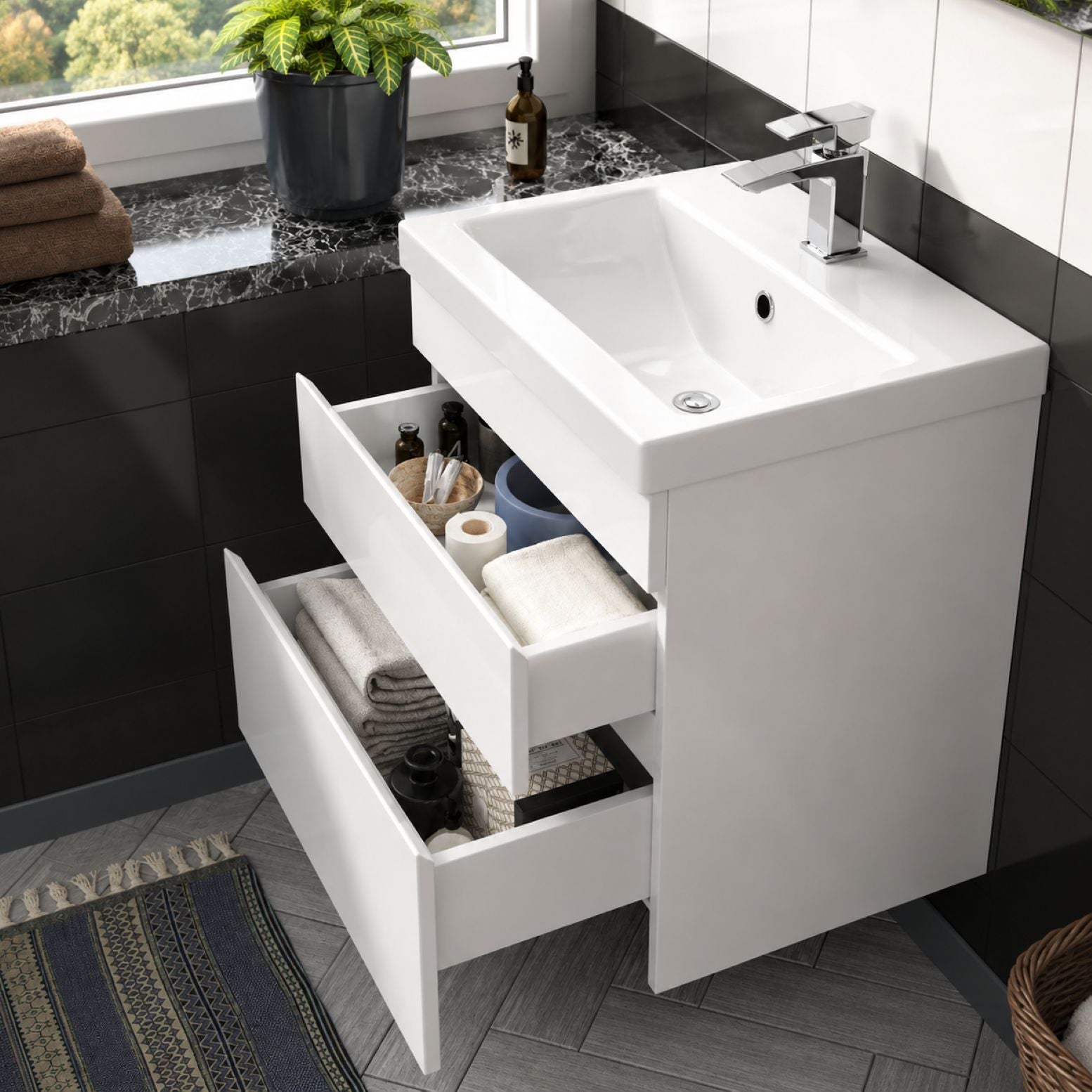 White 600mm bathroom vanity unit with two drawers and chrome bar handle — Bathroom Republic UK
