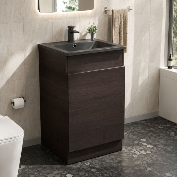 Dark oak freestanding bathroom vanity unit with chrome bar handle and matching WC unit — Bathroom Republic UK