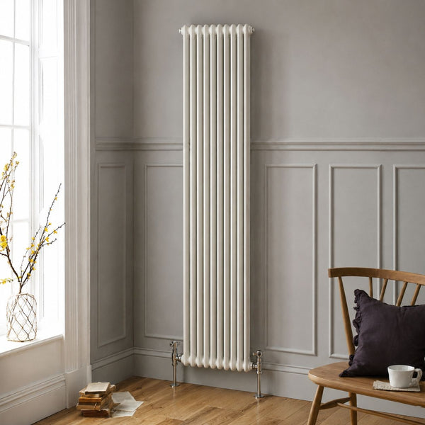 White aluminium designer vertical radiator in a modern interior — Bathroom Republic UK