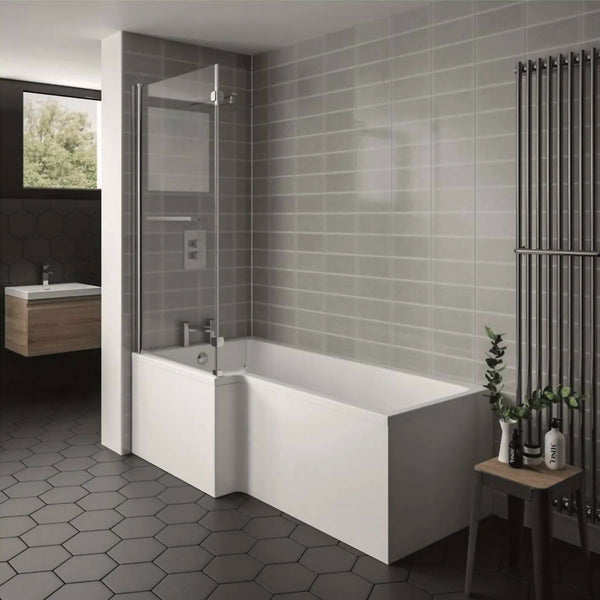 White L-shaped shower bath with glass screen and square wider end — Bathroom Republic UK