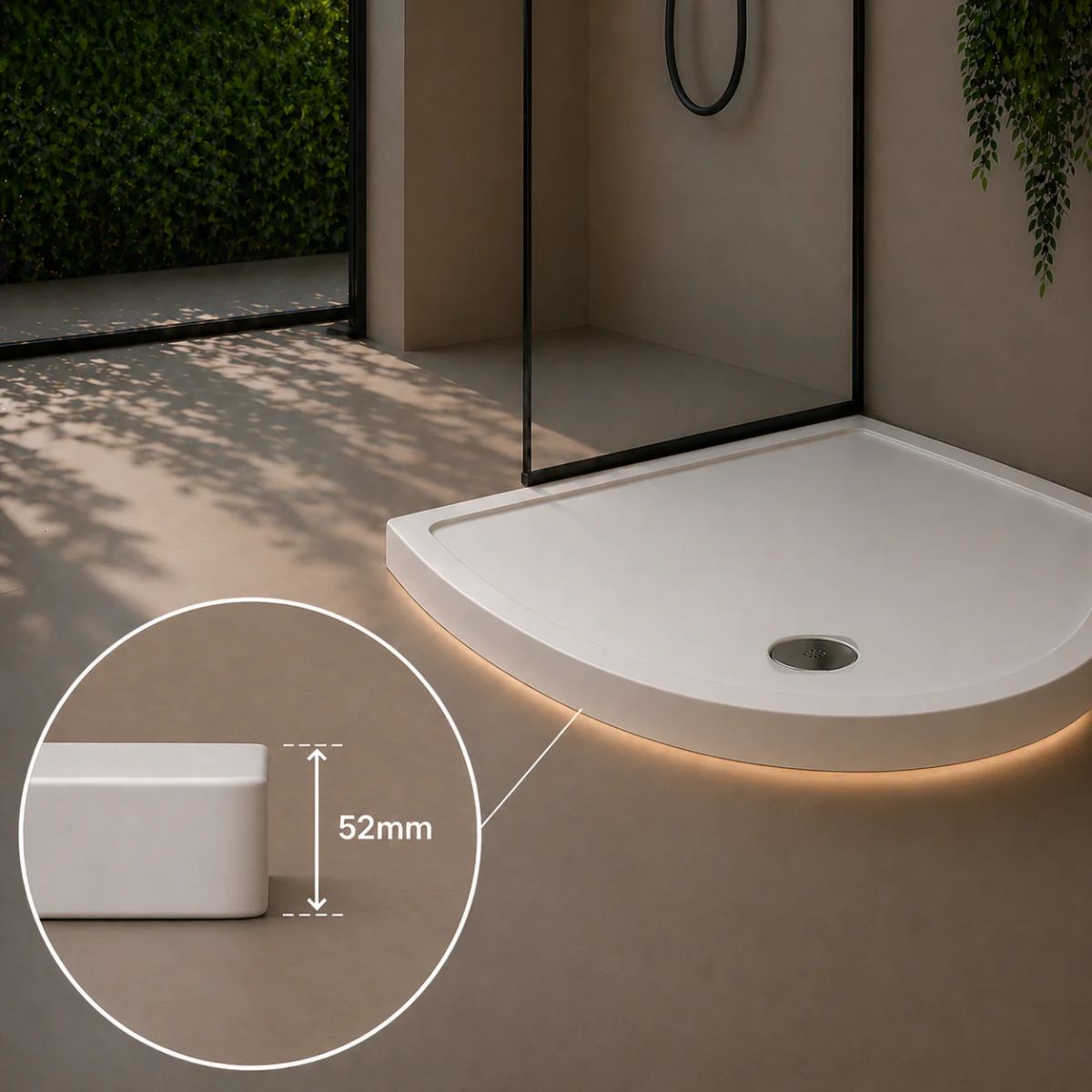White quarter-circle low profile quadrant shower tray at 52mm height in a corner bathroom setting — Bathroom Republic UK
