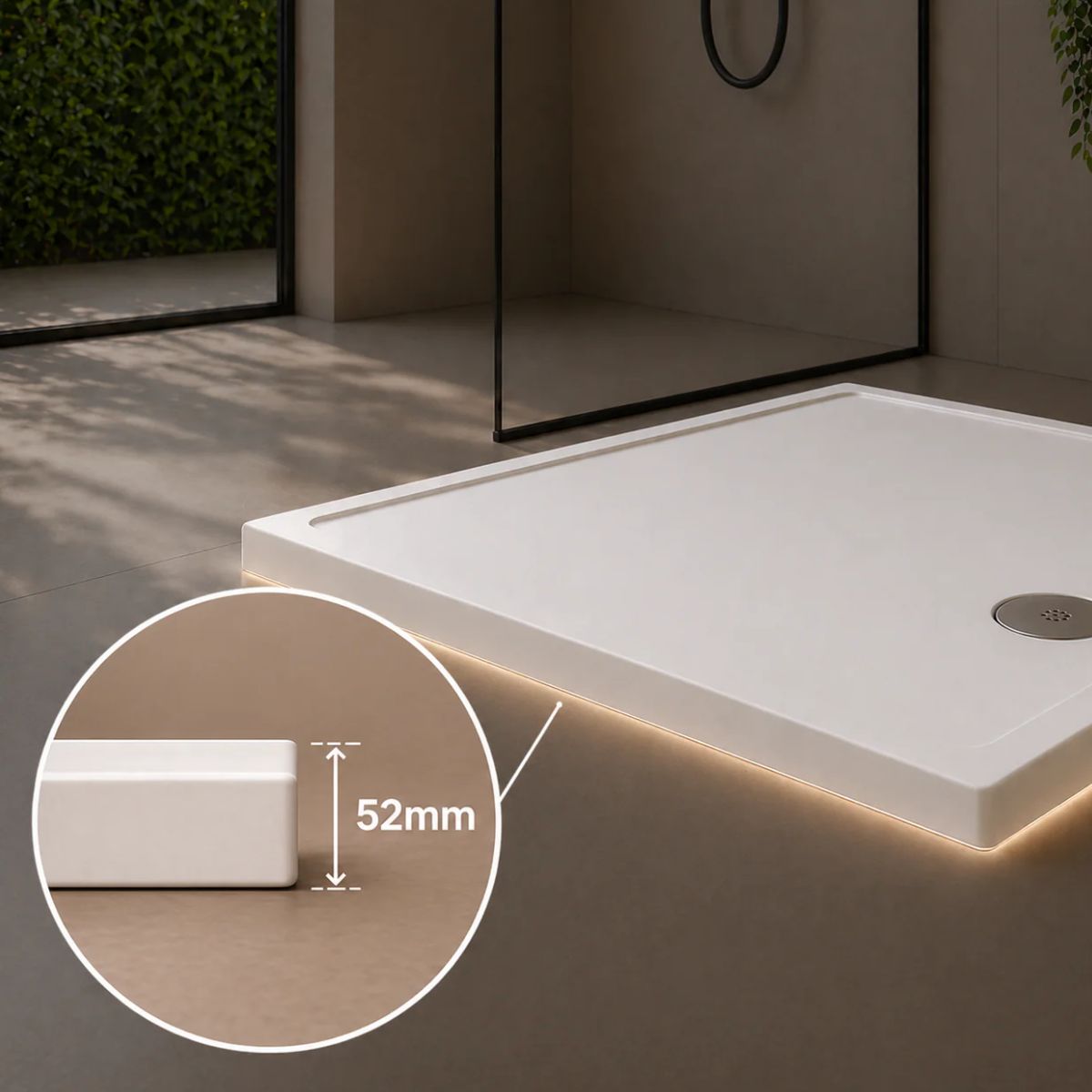 White 52mm low profile shower tray on polished bathroom floor beside a frameless enclosure — Bathroom Republic UK