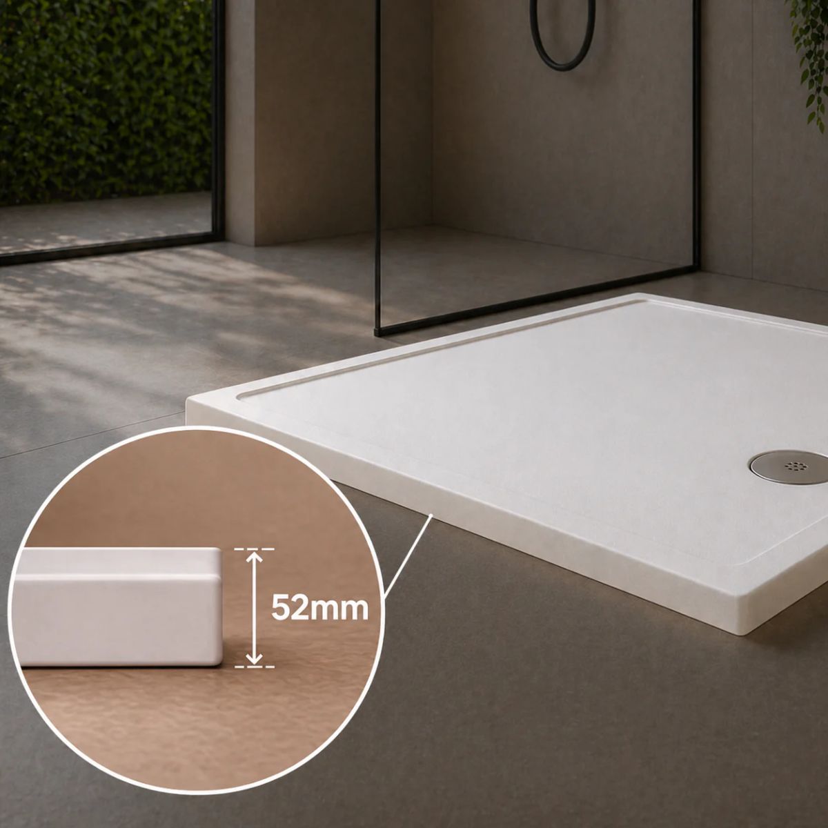 White square low profile shower tray at 52mm height on polished bathroom floor — Bathroom Republic UK