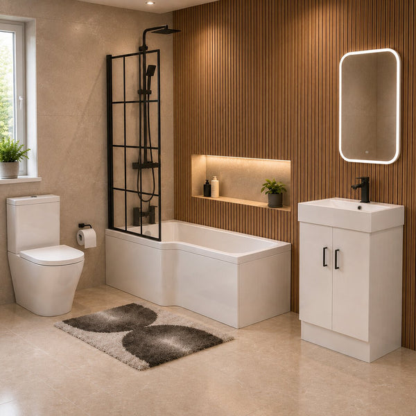 Matte Black complete bathroom suite with matching bath, toilet and vanity unit — Bathroom Republic UK