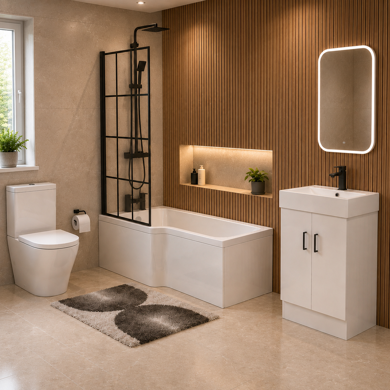 Matte black complete bathroom suite with matching bath, toilet and vanity unit — Bathroom Republic UK