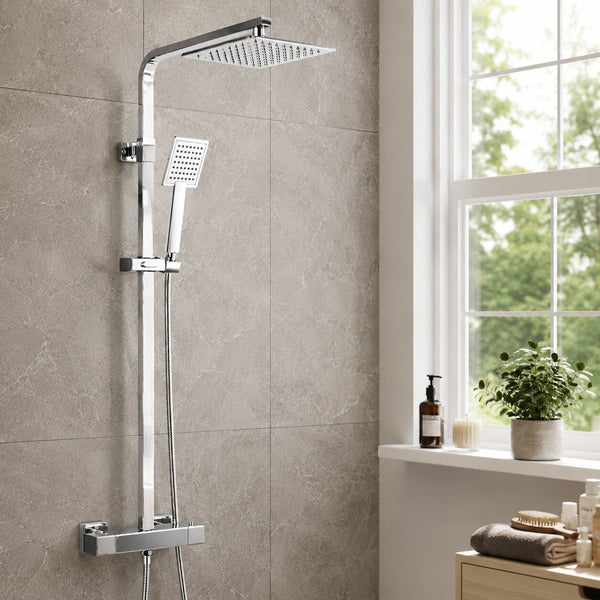 Chrome exposed shower set and matte black concealed shower set with overhead drencher — Bathroom Republic UK